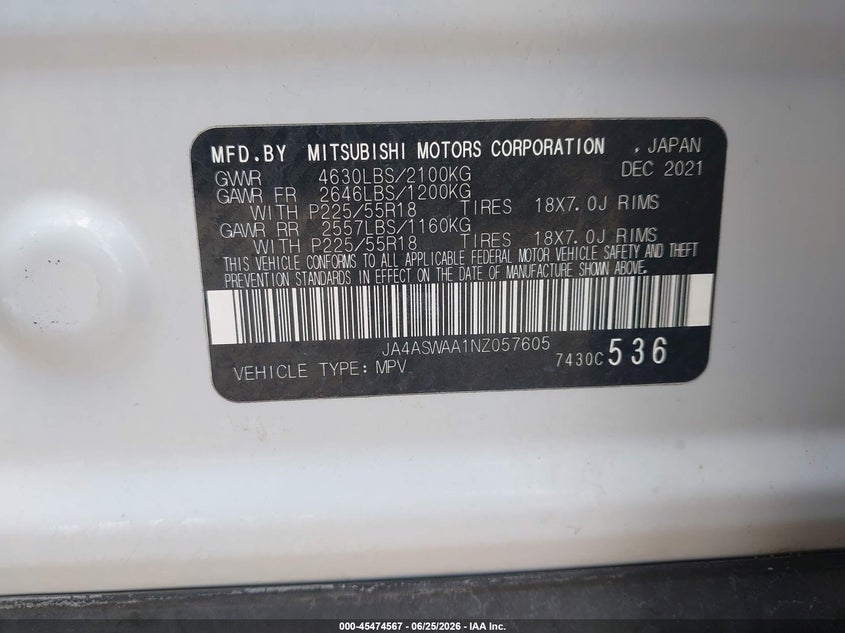 2022 Mitsubishi Eclipse Cross Se/Se Special Edition/Sel/Sel Special Edition VIN: JA4ASWAA1NZ057605 Lot: 45474567