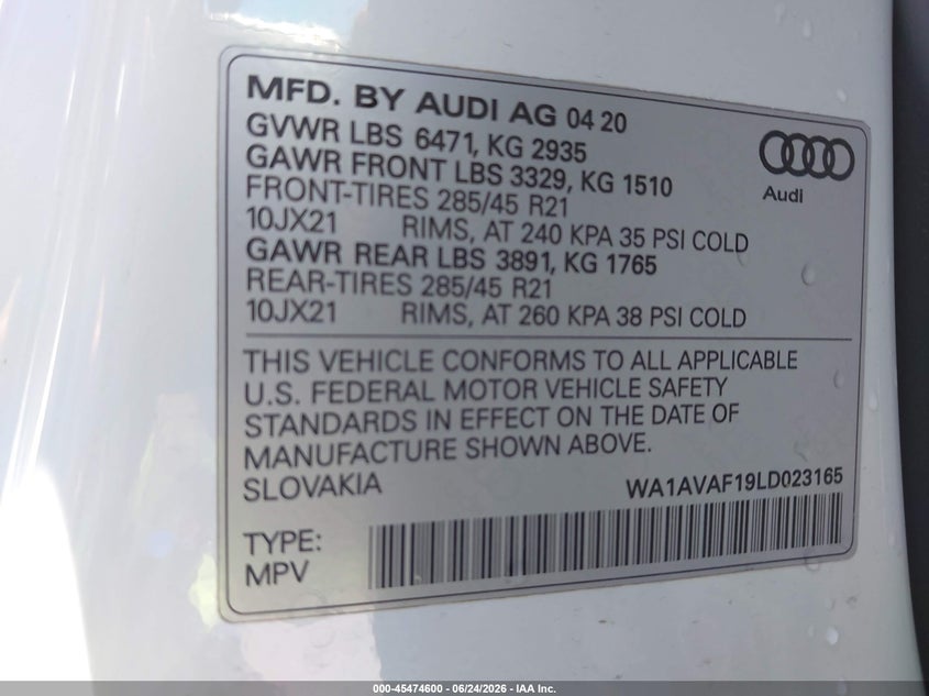 2020 Audi Q8 Premium 55 Tfsi Quattro Tiptronic VIN: WA1AVAF19LD023165 Lot: 45474600