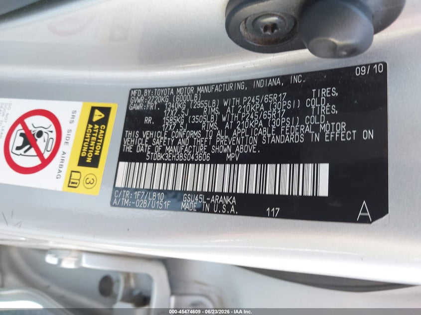 2011 Toyota Highlander Se V6 VIN: 5TDBK3EH3BS043606 Lot: 45474609