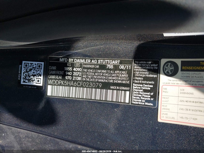 2012 Mercedes-Benz Slk 350 VIN: WDDPK5HA6CF023079 Lot: 45474682