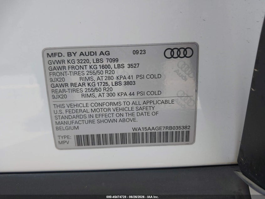 2024 Audi Q8 E-Tron Premium Plus Quattro VIN: WA15AAGE7RB035382 Lot: 45474728