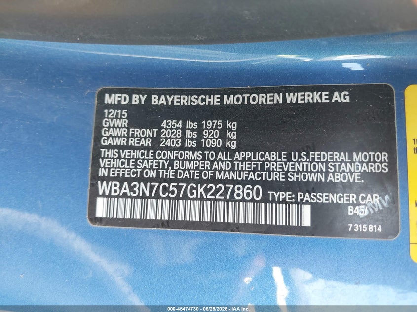2016 BMW 428I VIN: WBA3N7C57GK227860 Lot: 45474730
