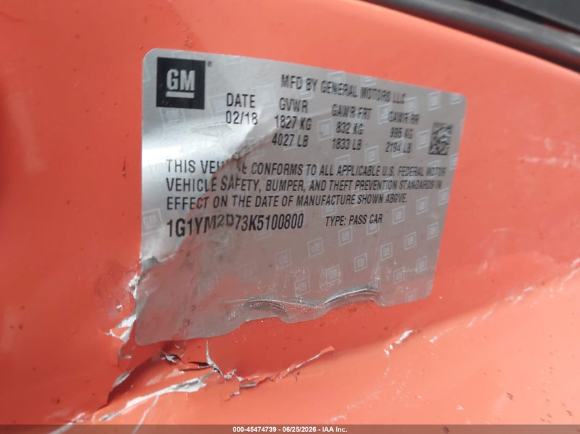 CHEVROLET CORVETTE 2019 VIN 1G1YM2D73K5100800
