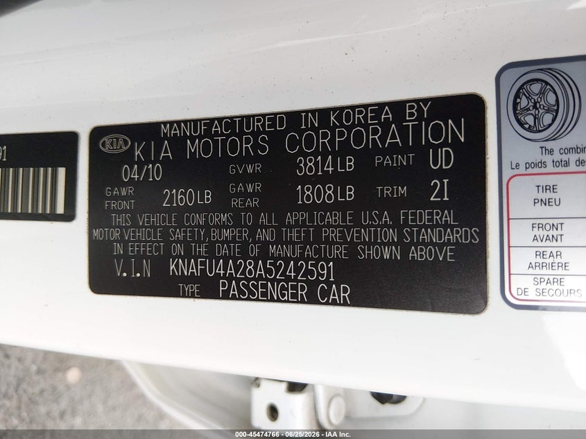 2010 KIA FORTE SEDAN 2.0L I-4 DOHC, VVT, 156HP