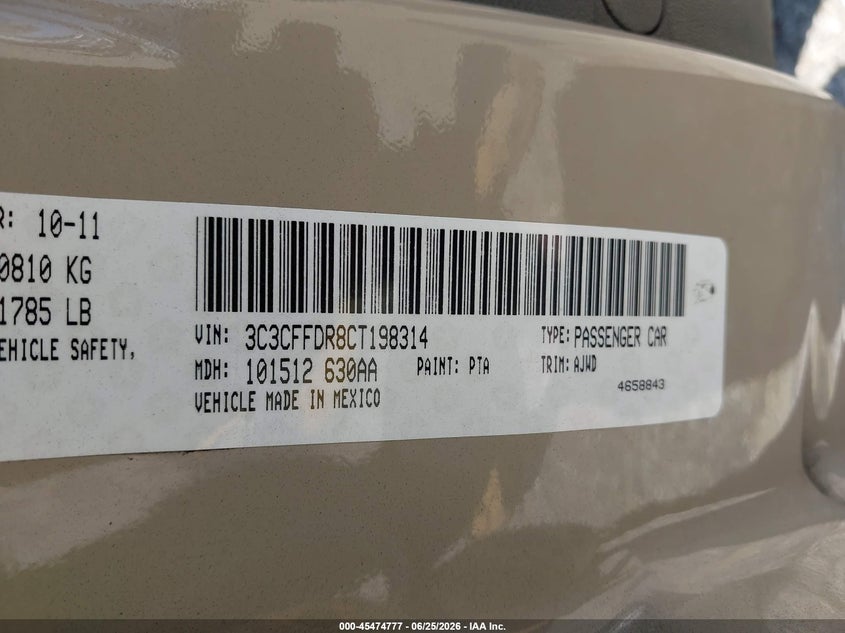 2012 Fiat 500C Pop VIN: 3C3CFFDR8CT198314 Lot: 45474777