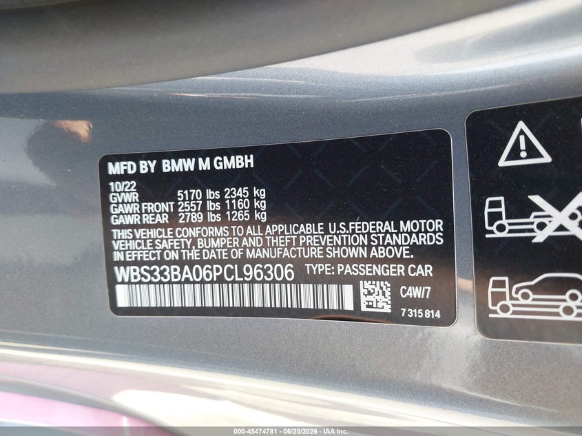 2023 BMW M4 Competition xDrive VIN: WBS33BA06PCL96306 Lot: 45474781