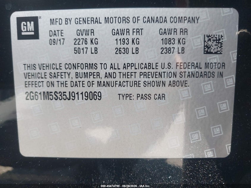 2018 Cadillac Xts Luxury VIN: 2G61M5S35J9119069 Lot: 45474798