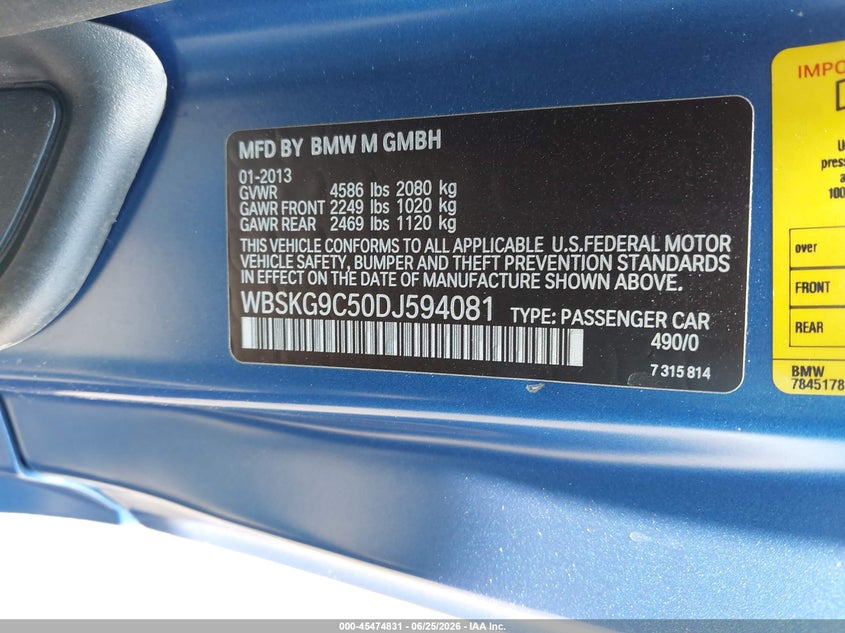 2013 BMW M3 VIN: WBSKG9C50DJ594081 Lot: 45474831