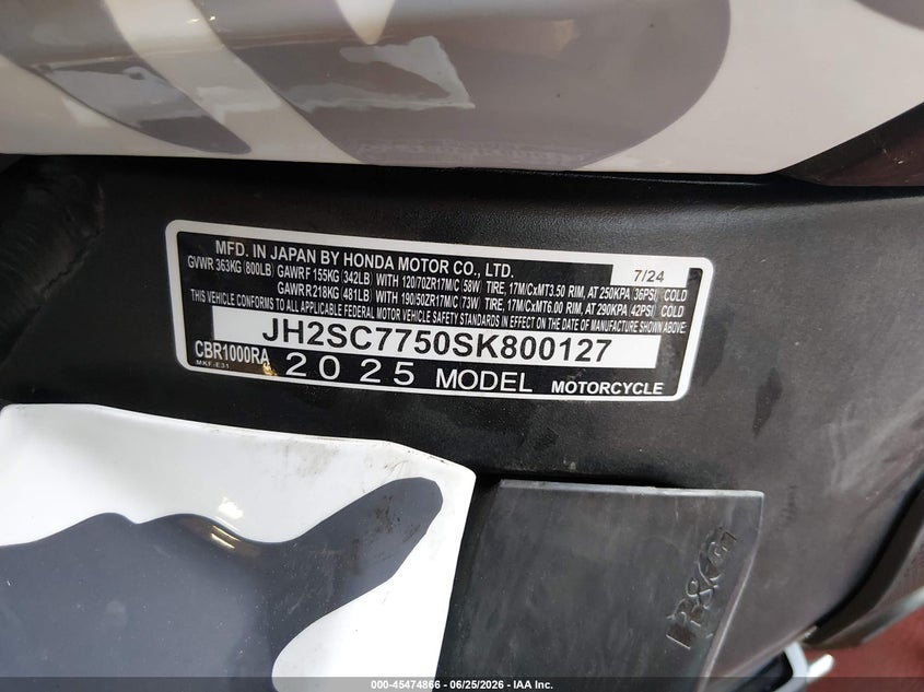 2025 Honda Cbr1000 Ra VIN: JH2SC7750SK800127 Lot: 45474866