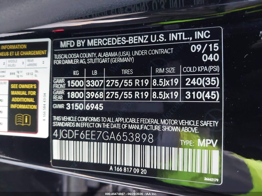 2016 Mercedes-Benz Gl 450 4Matic VIN: 4JGDF6EE7GA653898 Lot: 45474867