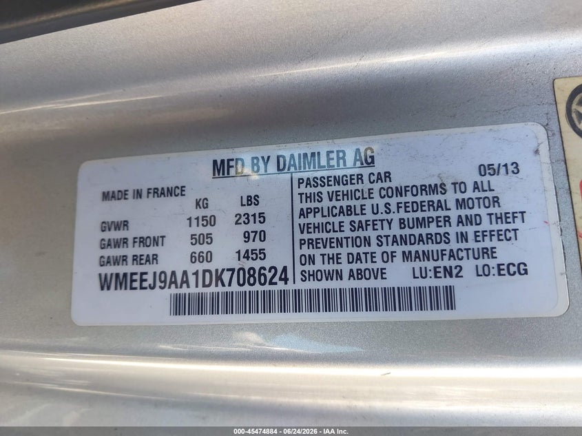 2013 Smart Fortwo Electric Drive Passion VIN: WMEEJ9AA1DK708624 Lot: 45474884