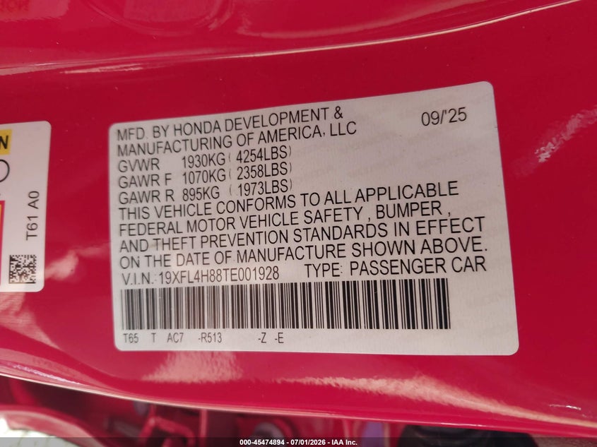 HONDA CIVIC HYBRID 2026 VIN 19XFL4H88TE001928