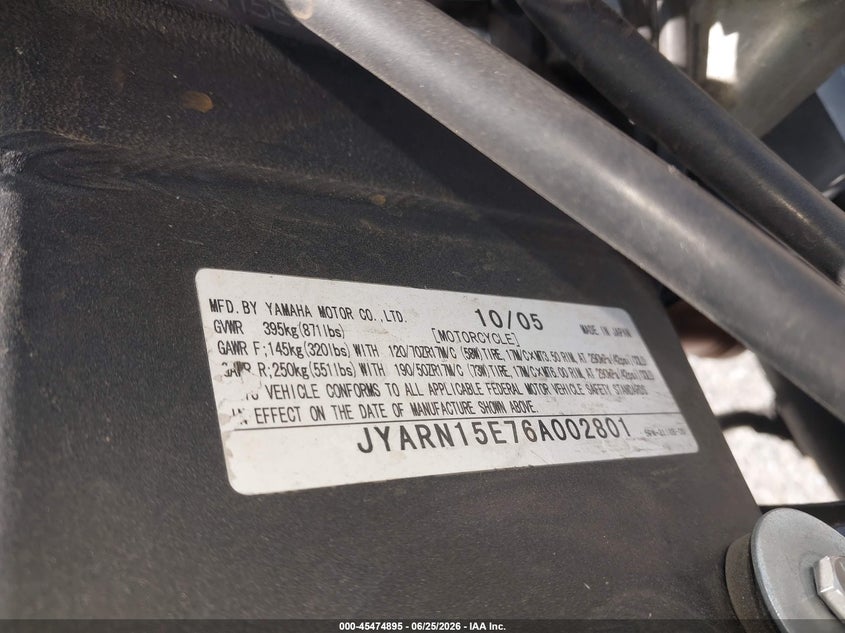 2006 Yamaha Yzfr1 VIN: JYARN15E76A002801 Lot: 45474895