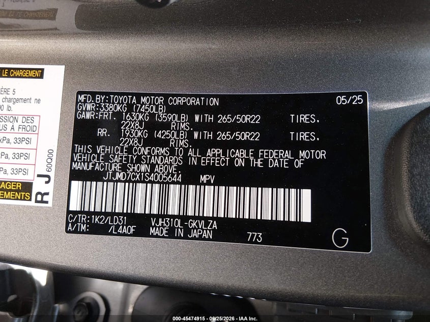 2025 Lexus Lx 700H F Sport VIN: JTJMD7CX1S4005644 Lot: 45474915
