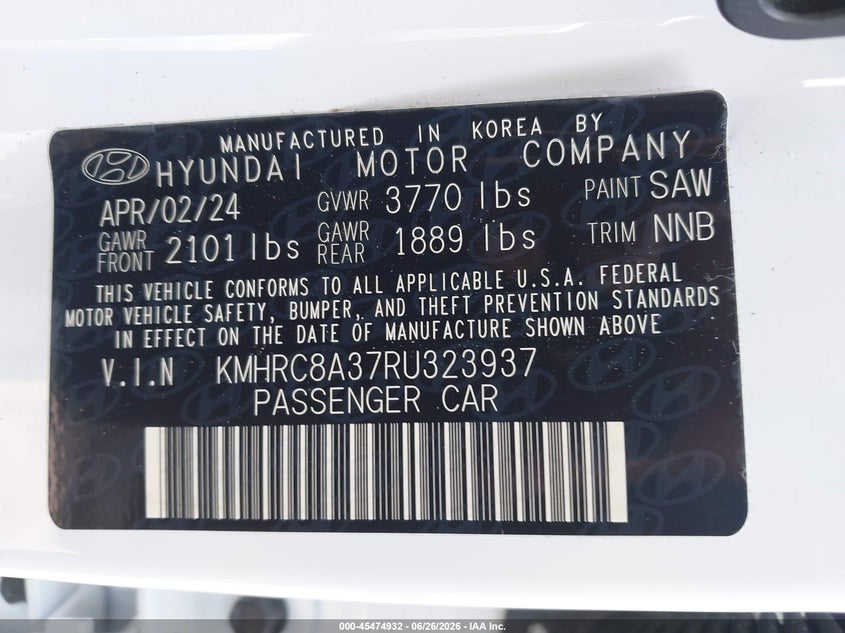 2024 Hyundai Venue Sel VIN: KMHRC8A37RU323937 Lot: 45474932