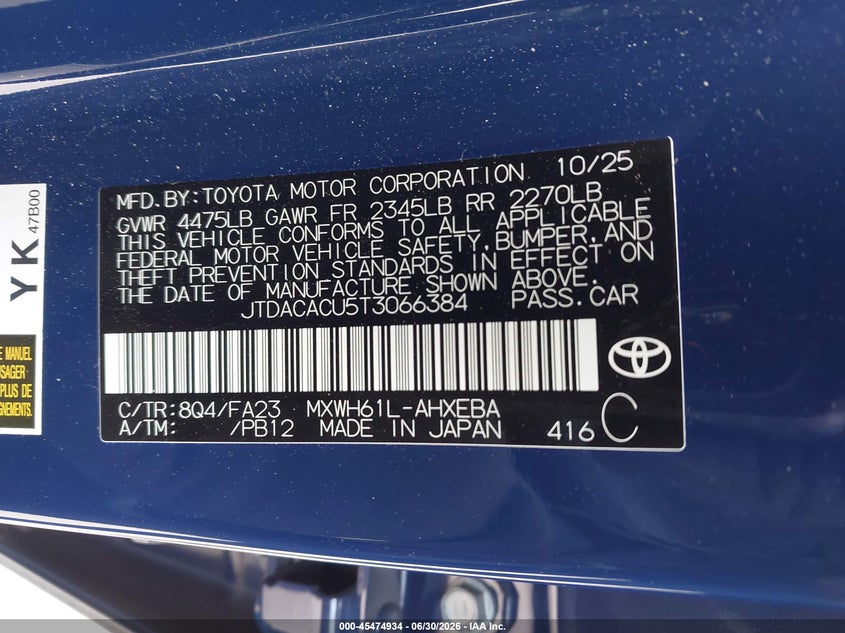 2026 Toyota Prius Plug-In Hybrid Se VIN: JTDACACU5T3066384 Lot: 45474934