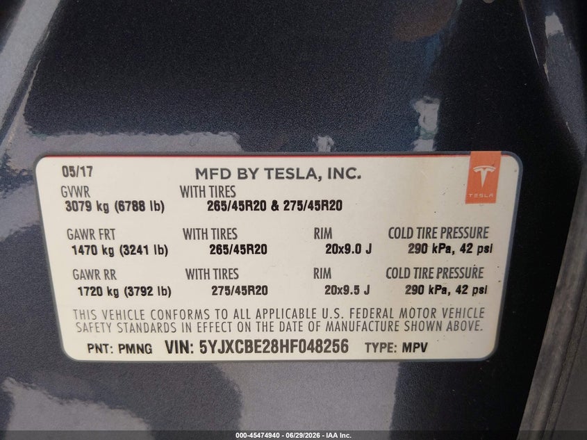 2017 Tesla Model X 100D/75D/90D VIN: 5YJXCBE28HF048256 Lot: 45474940