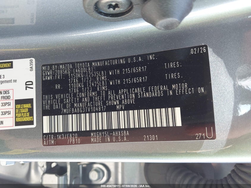 2026 Toyota Corolla Cross Hybrid Se VIN: 7MUFBABG3TV104817 Lot: 45475011