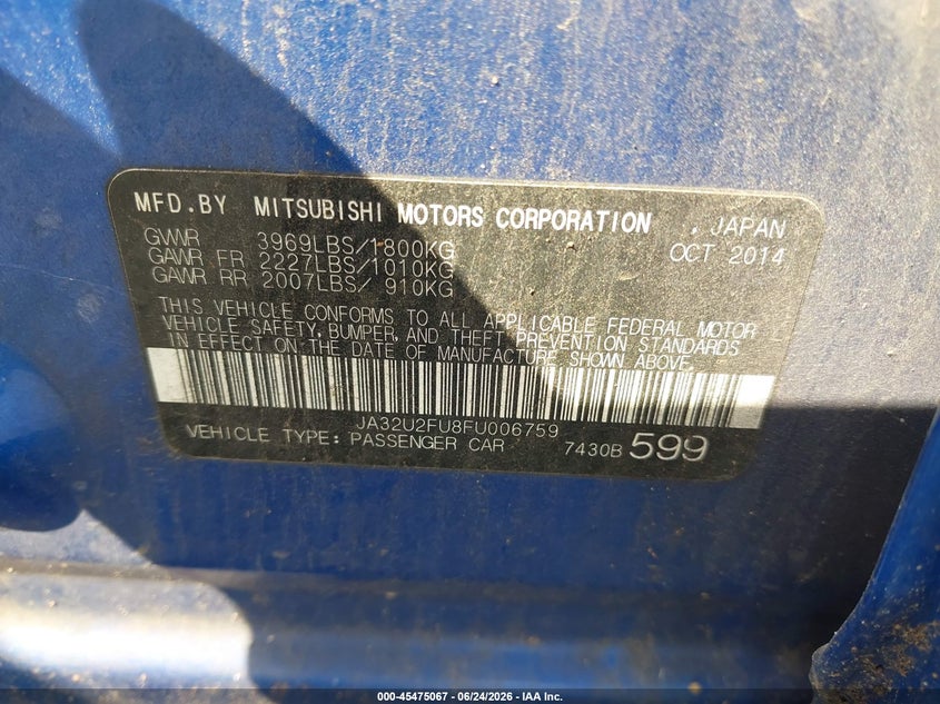 2015 MITSUBISHI LANCER SEDAN 2.0L I-4 DOHC, VVT, 148HP