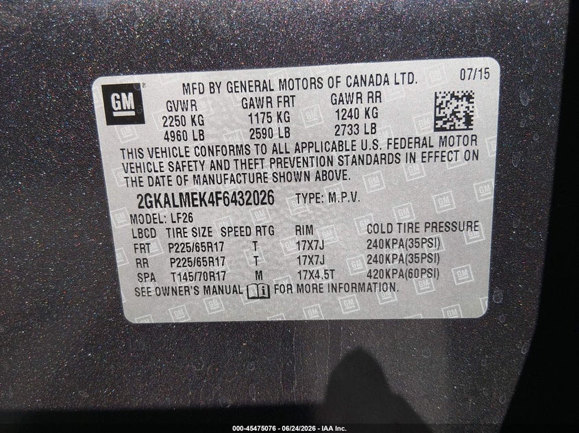 2015 GMC Terrain Sle-1 VIN: 2GKALMEK4F6432026 Lot: 45475076
