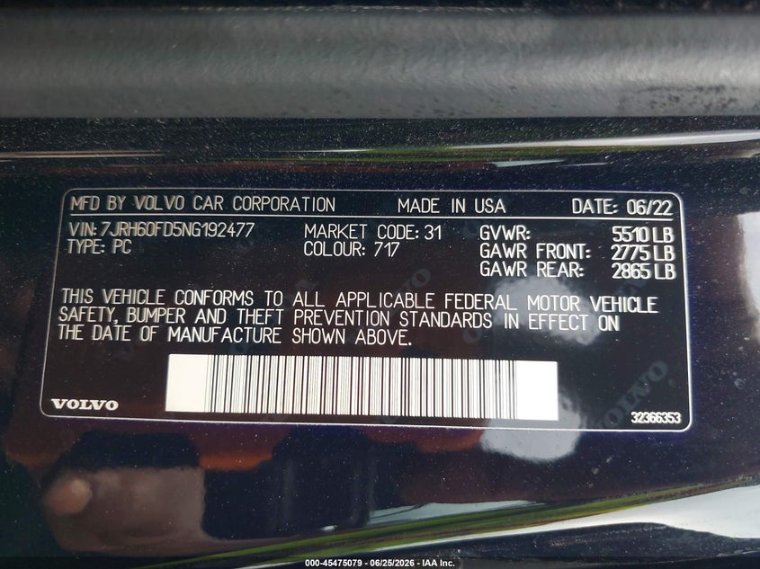 2022 Volvo S60 Recharge Plug-In Hybrid T8 Black Edition R-Design Extended Range VIN: 7JRH60FD5NG192477 Lot: 45475079