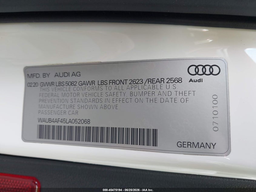 2020 Audi S4 Premium Plus Tfsi Quattro Tiptronic VIN: WAUB4AF45LA052068 Lot: 45475194