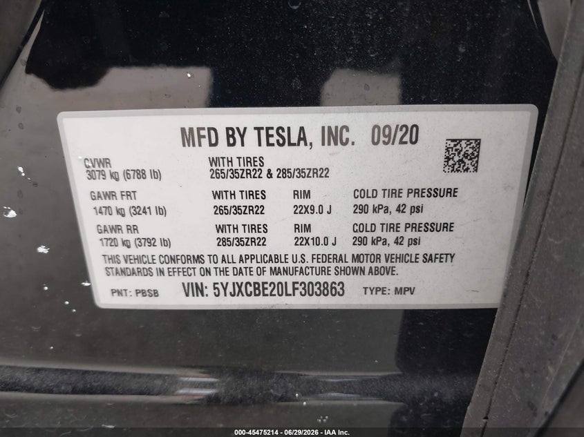 2020 Tesla Model X Long Range Dual Motor All-Wheel Drive/Long Range Plus Dual Motor All-Wheel Drive VIN: 5YJXCBE20LF303863 Lot: 45475214
