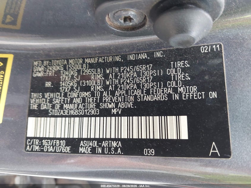 2011 TOYOTA HIGHLANDER SPORT UTILITY VEHICLE 2.7L I-4 DOHC, VVT, 187HP