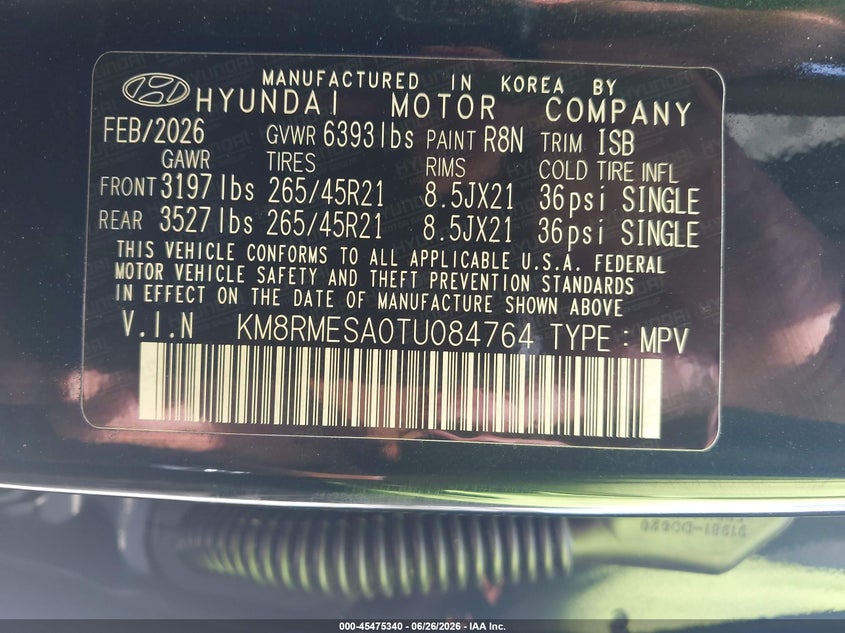 HYUNDAI PALISADE HEV 2026 VIN KM8RMESA0TU084764