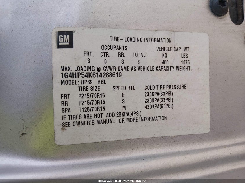 2001 Buick Lesabre Custom VIN: 1G4HP54K614288619 Lot: 45475398