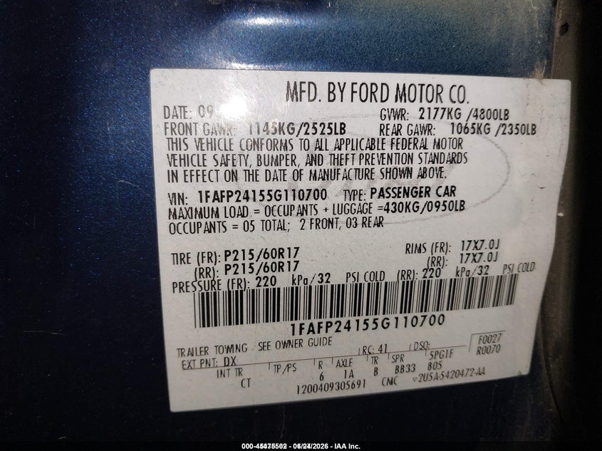 2005 Ford Five Hundred Sel VIN: 1FAFP24155G110700 Lot: 45475502