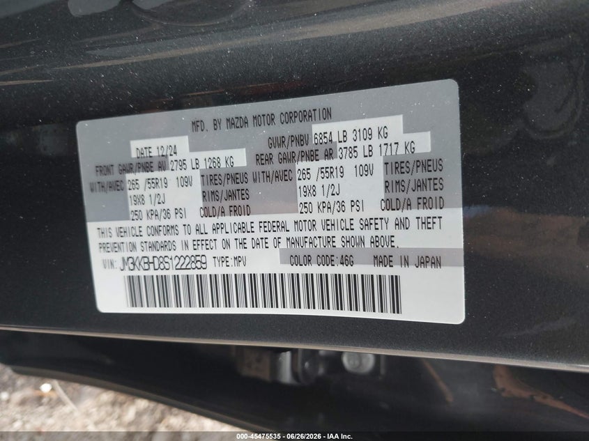 2025 Mazda Cx-90 3.3 Turbo Preferred Package VIN: JM3KKBHD8S1222859 Lot: 45475535