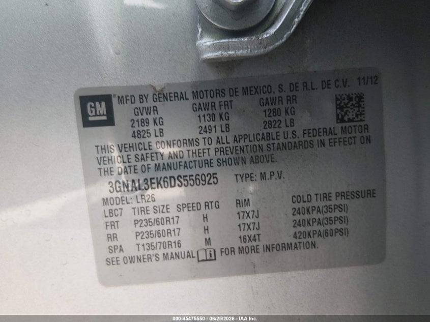 2013 Chevrolet Captiva Sport Fleet Lt VIN: 3GNAL3EK6DS556925 Lot: 45475550