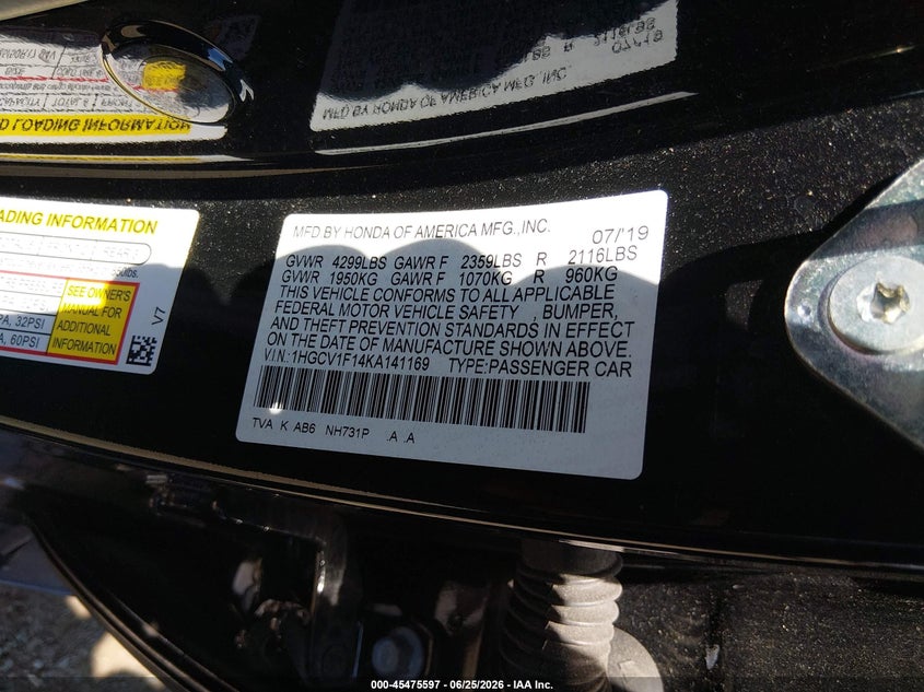 HONDA ACCORD 2019 VIN 1HGCV1F14KA141169