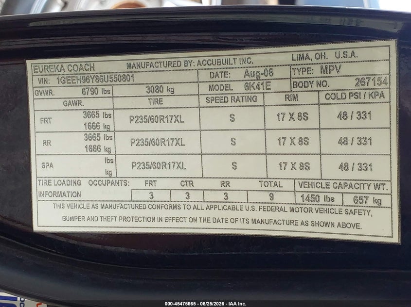 2006 Cadillac Dts Professional VIN: 1GEEH96Y86U550801 Lot: 45475665