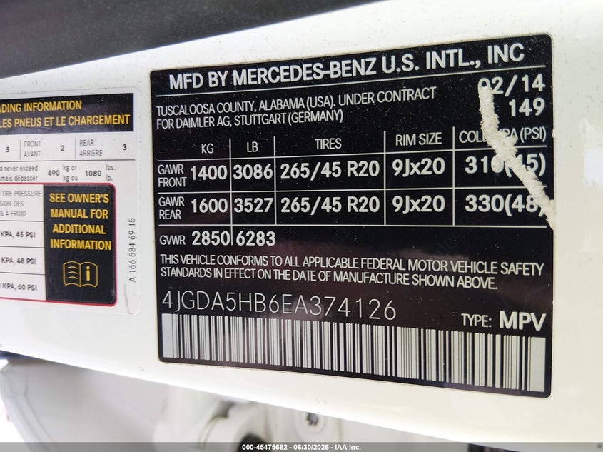 2014 Mercedes-Benz Ml 350 4Matic VIN: 4JGDA5HB6EA374126 Lot: 45475682