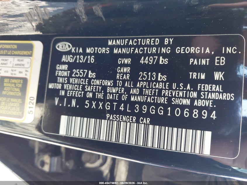 KIA OPTIMA 2016 VIN 5XXGT4L39GG106894