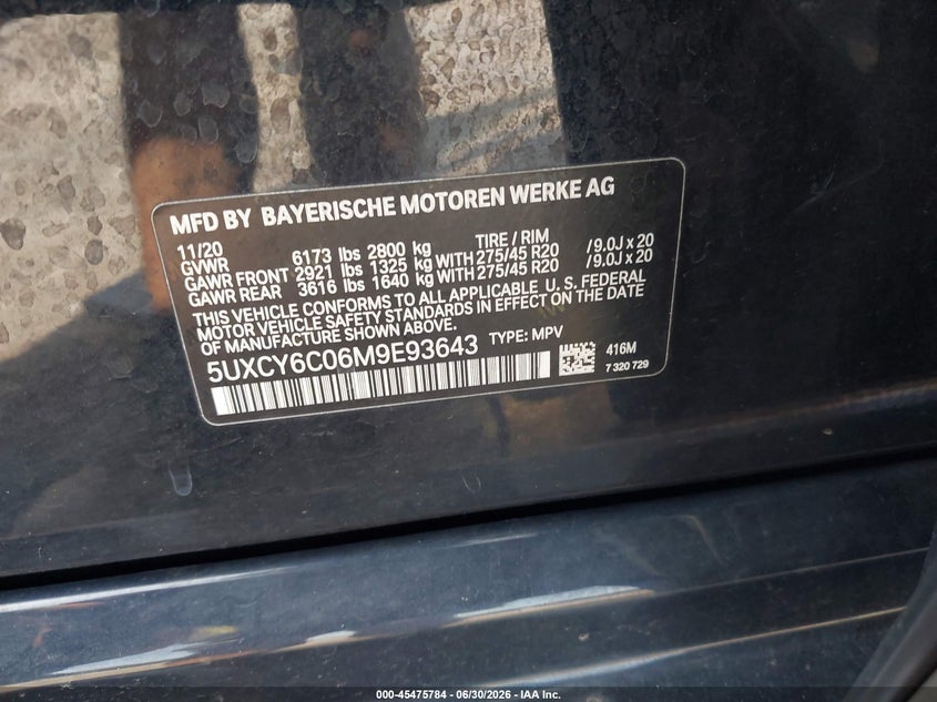 2021 BMW X6 xDrive40I VIN: 5UXCY6C06M9E93643 Lot: 45475784