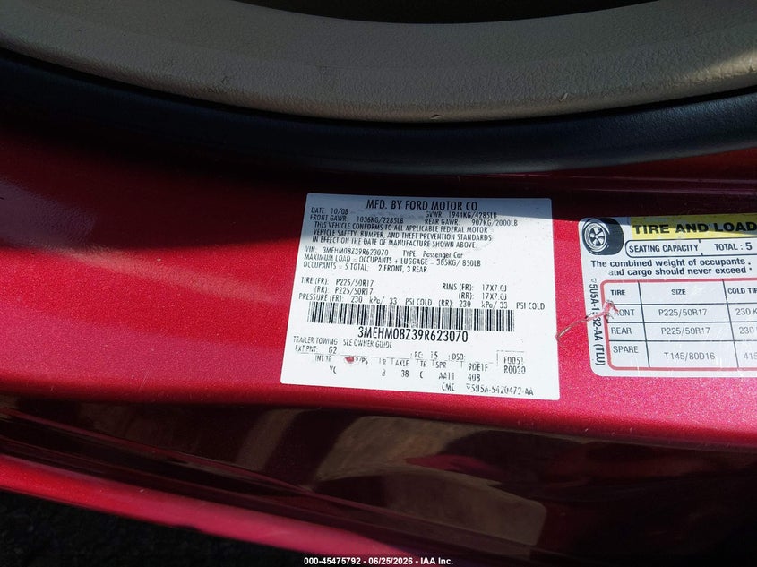 2009 Mercury Milan I4 Premier VIN: 3MEHM08Z39R623070 Lot: 45475792