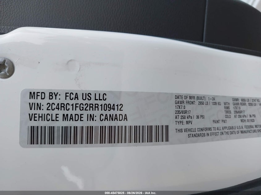 2024 CHRYSLER PACIFICA VAN 3.6L V-6 DOHC, VVT, 287HP
