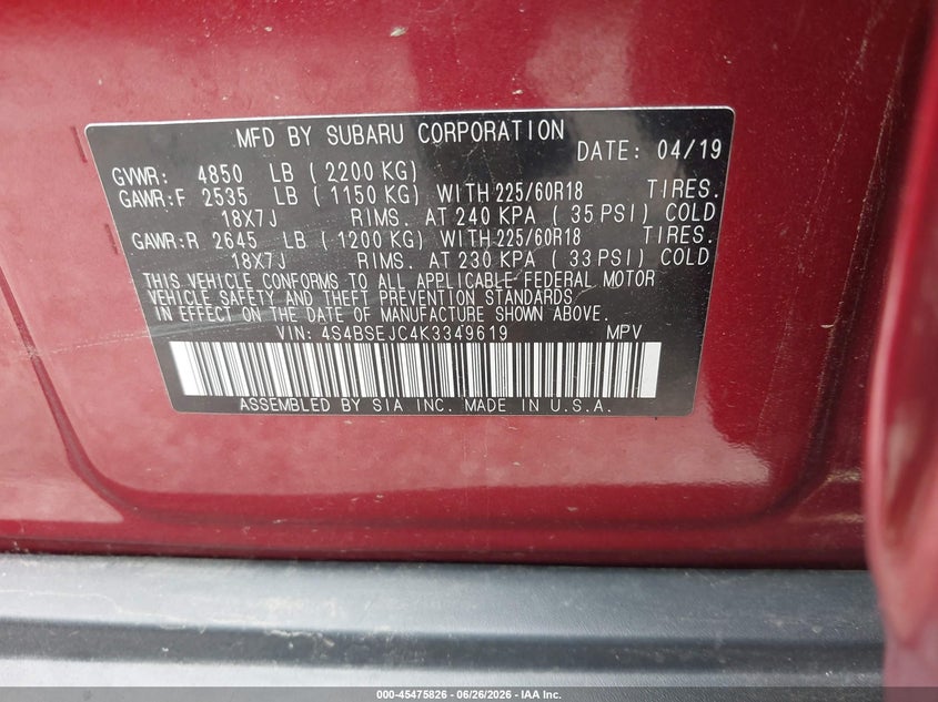 2019 SUBARU OUTBACK SPORT UTILITY VEHICLE 3.6L H-6 DOHC, VVT, 256HP