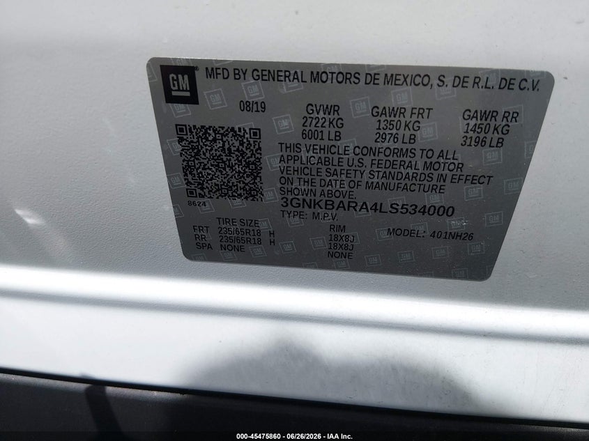 2020 Chevrolet Blazer Fwd L VIN: 3GNKBARA4LS534000 Lot: 45475860