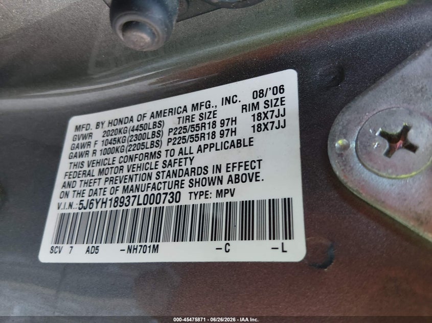 2007 Honda Element Sc VIN: 5J6YH18937L000730 Lot: 45475871