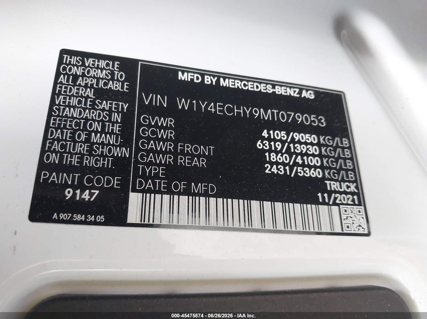 2021 Mercedes-Benz Sprinter 2500 High Roof V6 VIN: W1Y4ECHY9MT079053 Lot: 45475874