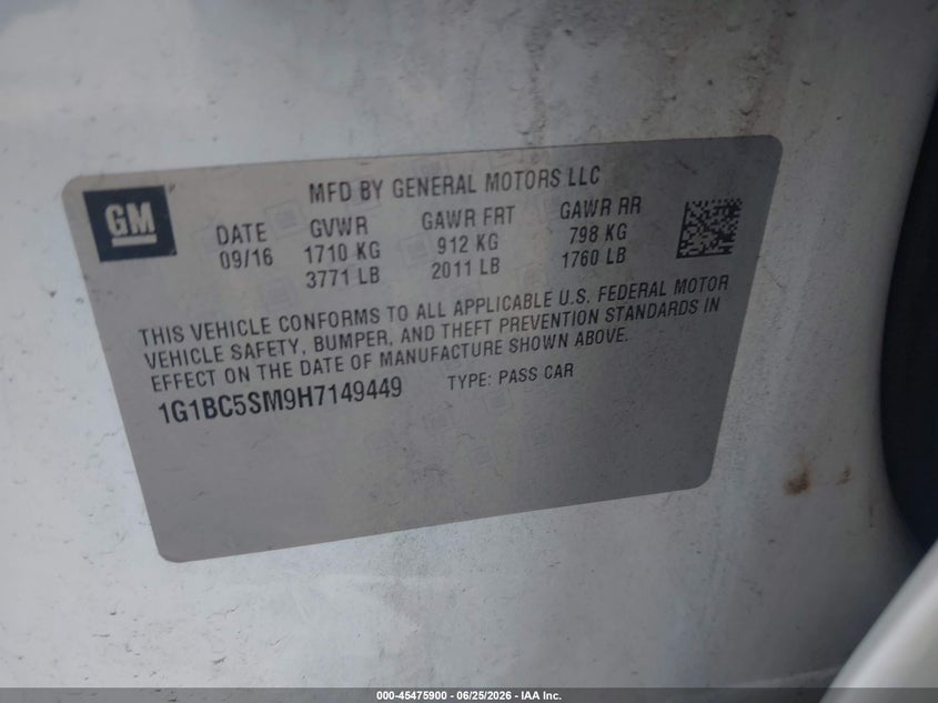 CHEVROLET CRUZE 2017 VIN 1G1BC5SM9H7149449