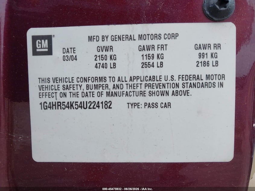2004 Buick Lesabre Limited VIN: 1G4HR54K54U224182 Lot: 45475932