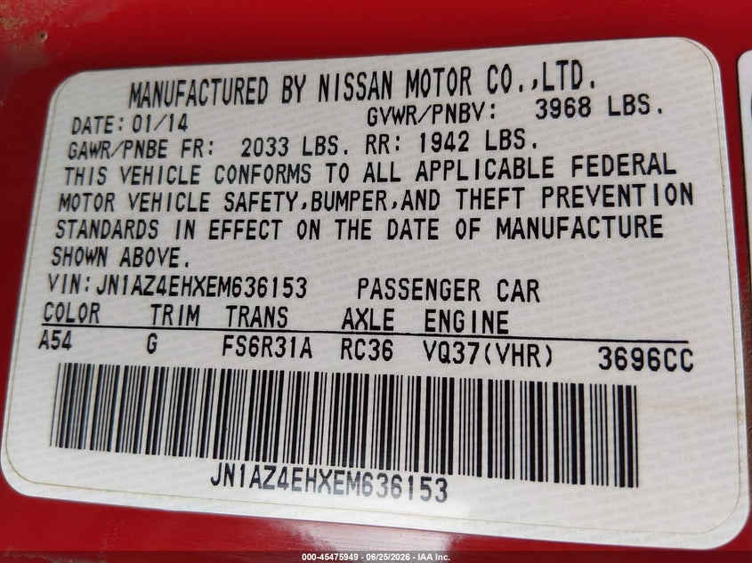 2014 Nissan 370Z VIN: JN1AZ4EHXEM636153 Lot: 45475949