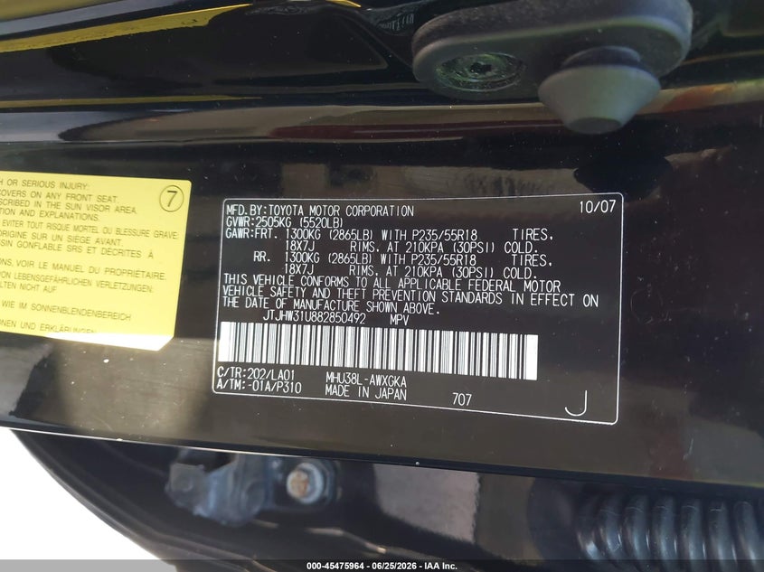 LEXUS RX 400H 2008 VIN JTJHW31U882850492