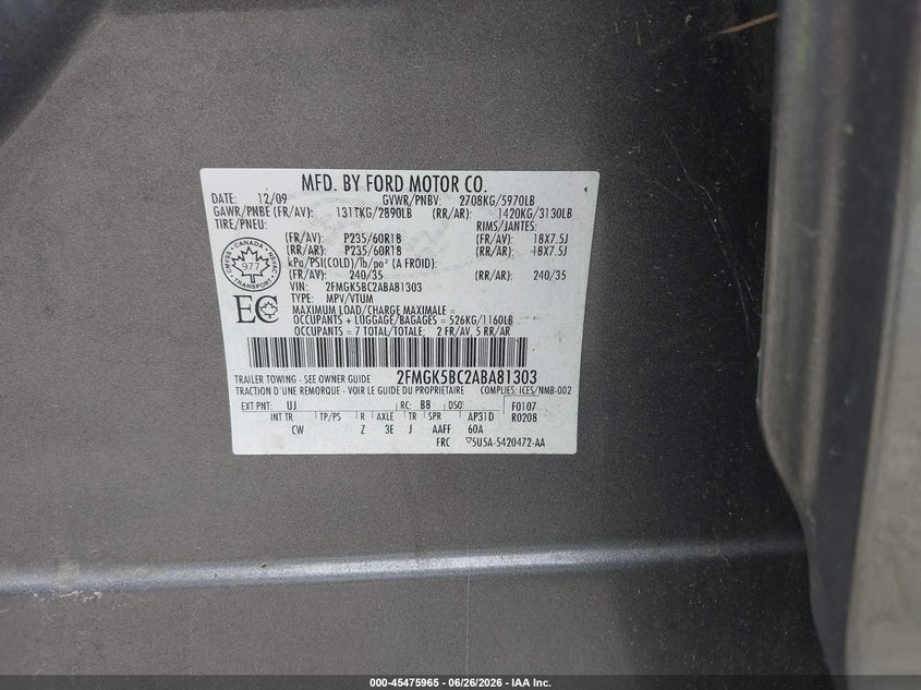 2010 Ford Flex Se VIN: 2FMGK5BC2ABA81303 Lot: 45475965