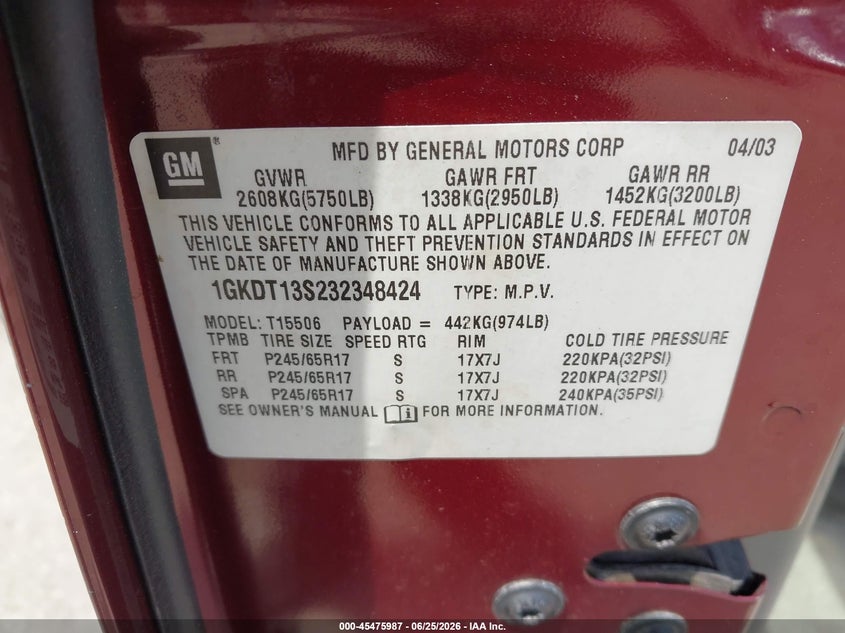 2003 GMC Envoy Slt VIN: 1GKDT13S232348424 Lot: 45475987